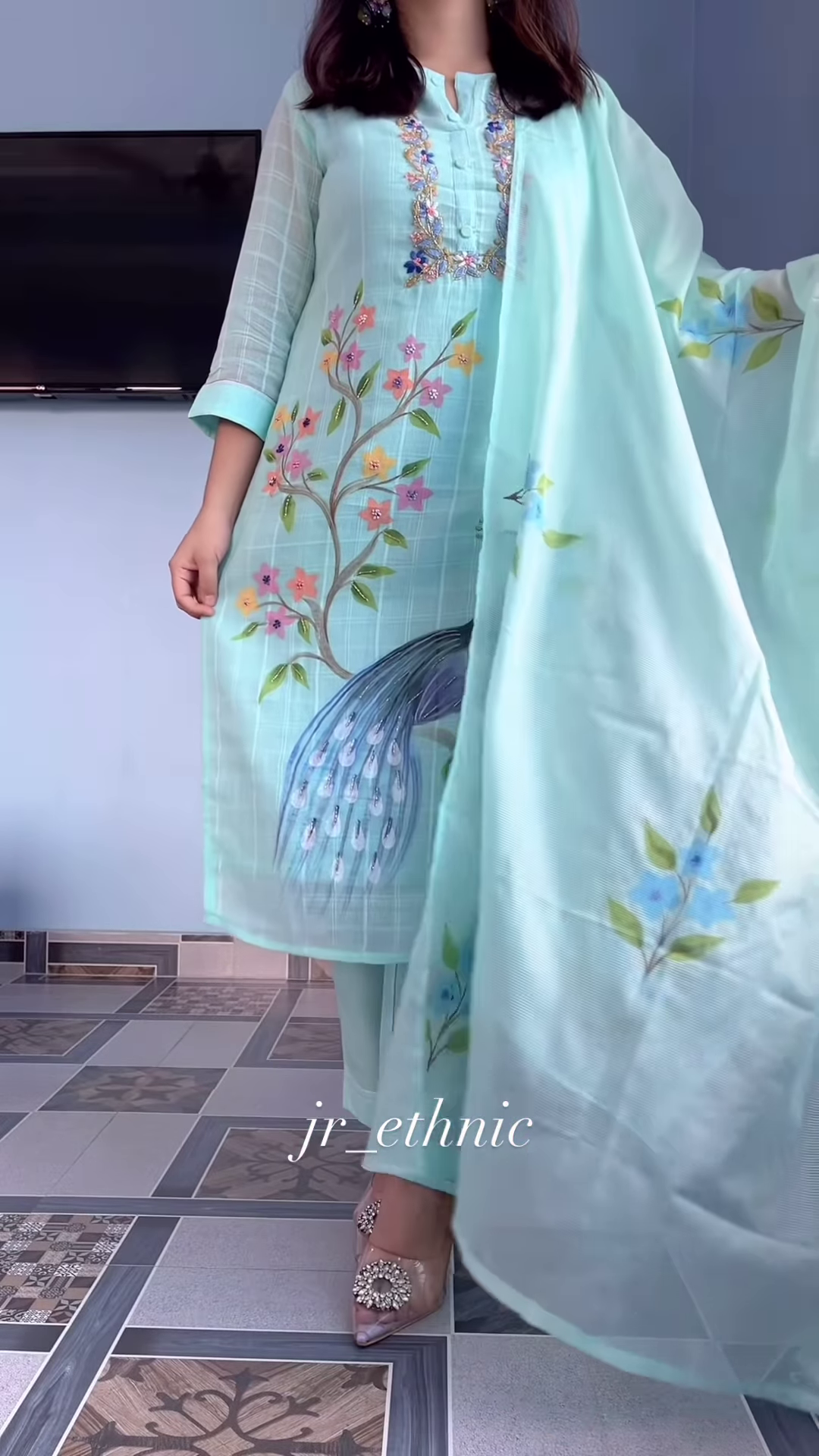 Women’s Light Blue Printed Kurta Churidar Dupatta Set with Floral & Peacock Motifs – Elegant Ethnicwear - Image 5