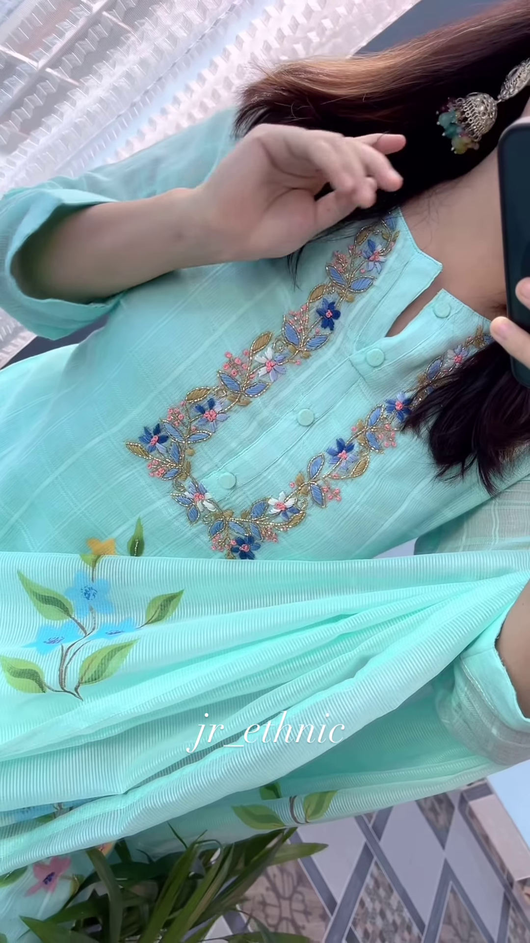 Women’s Light Blue Printed Kurta Churidar Dupatta Set with Floral & Peacock Motifs – Elegant Ethnicwear - Image 3