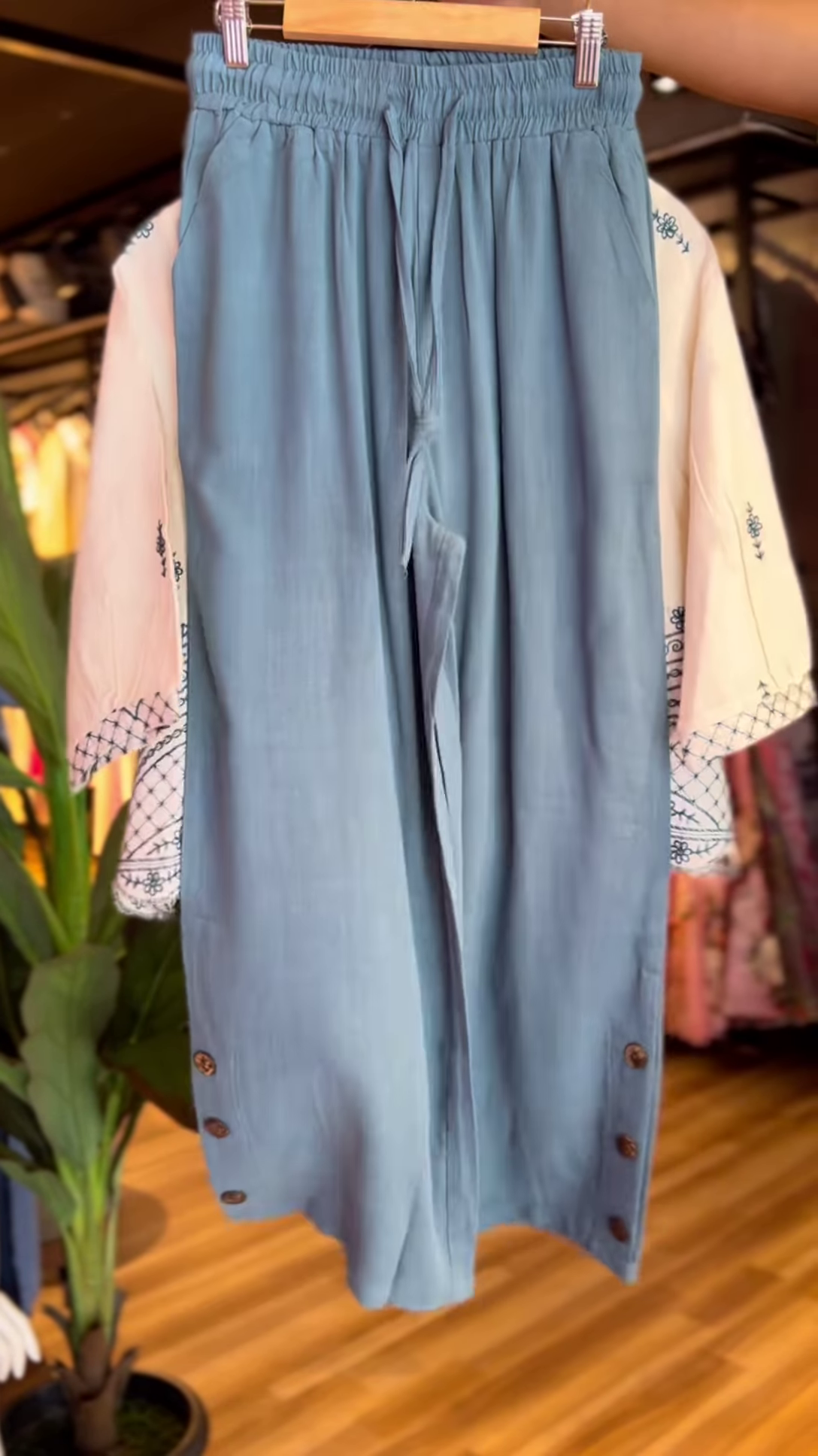 Women’s White Floral Embroidered Kurti with Blue Straight Pants – Boutique-Friendly Ethnic Summerwear Set - Image 2