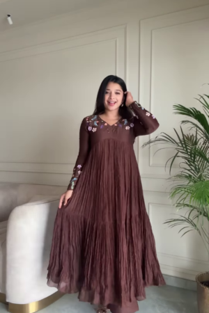 Women’s Brown Floral Embroidered Maxi Dress with Pleated Skirt – Elegant Indo-Western Casualwear