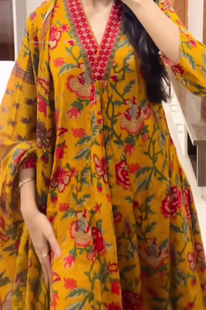 Women’s Yellow Floral Printed Kurti with Red Neckline Border – Ethnic Everyday Ensemble with Seasonal Charm