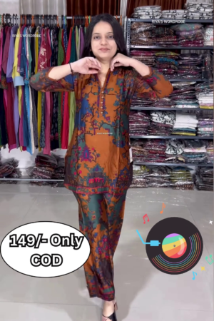 Women’s Multicolor Abstract Printed Kurti with Matching Pants – Ethnic Fusion Co-Ord Set with Music-Themed Backdrop