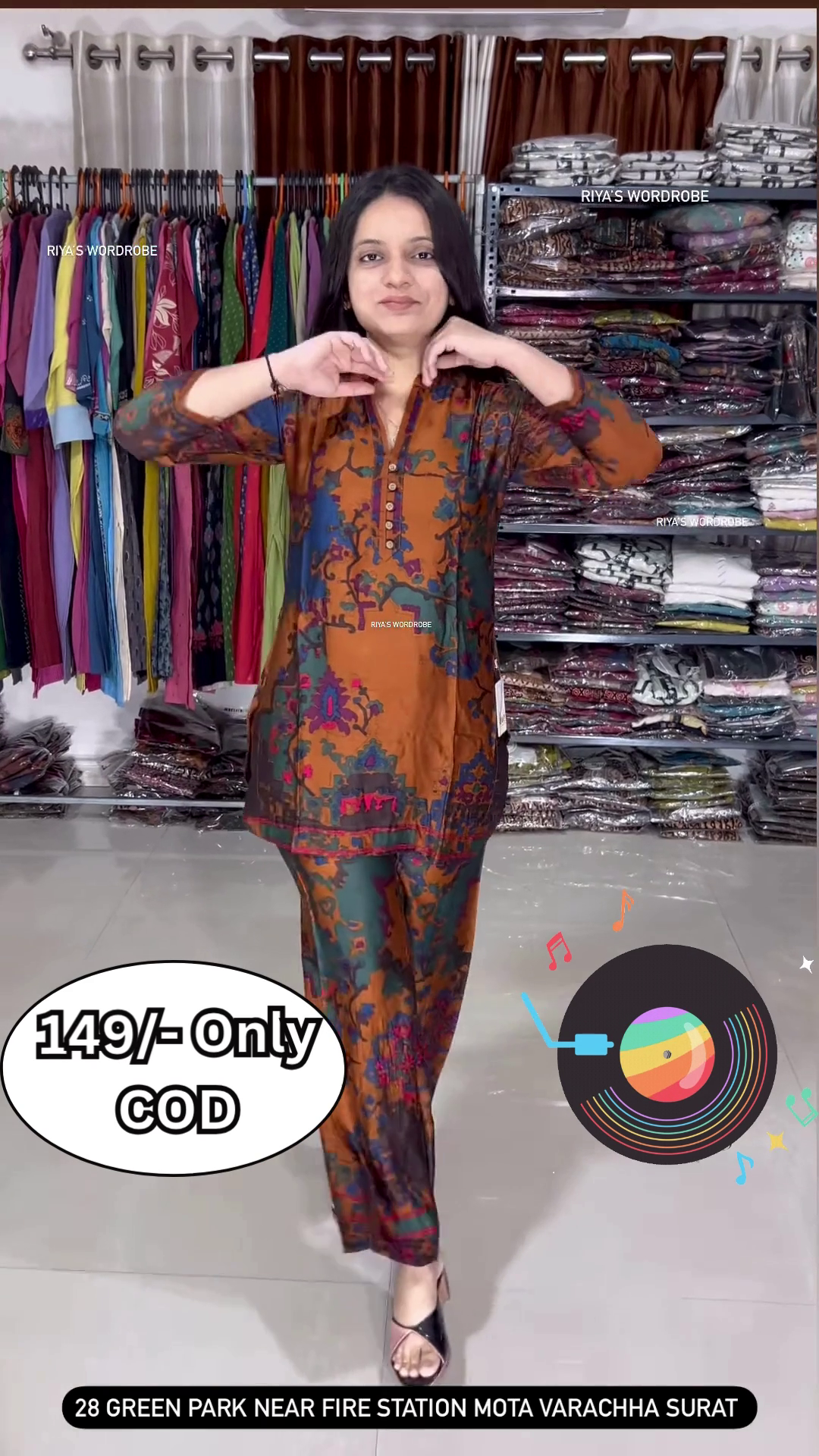Women’s Multicolor Abstract Printed Kurti with Matching Pants – Ethnic Fusion Co-Ord Set with Music-Themed Backdrop