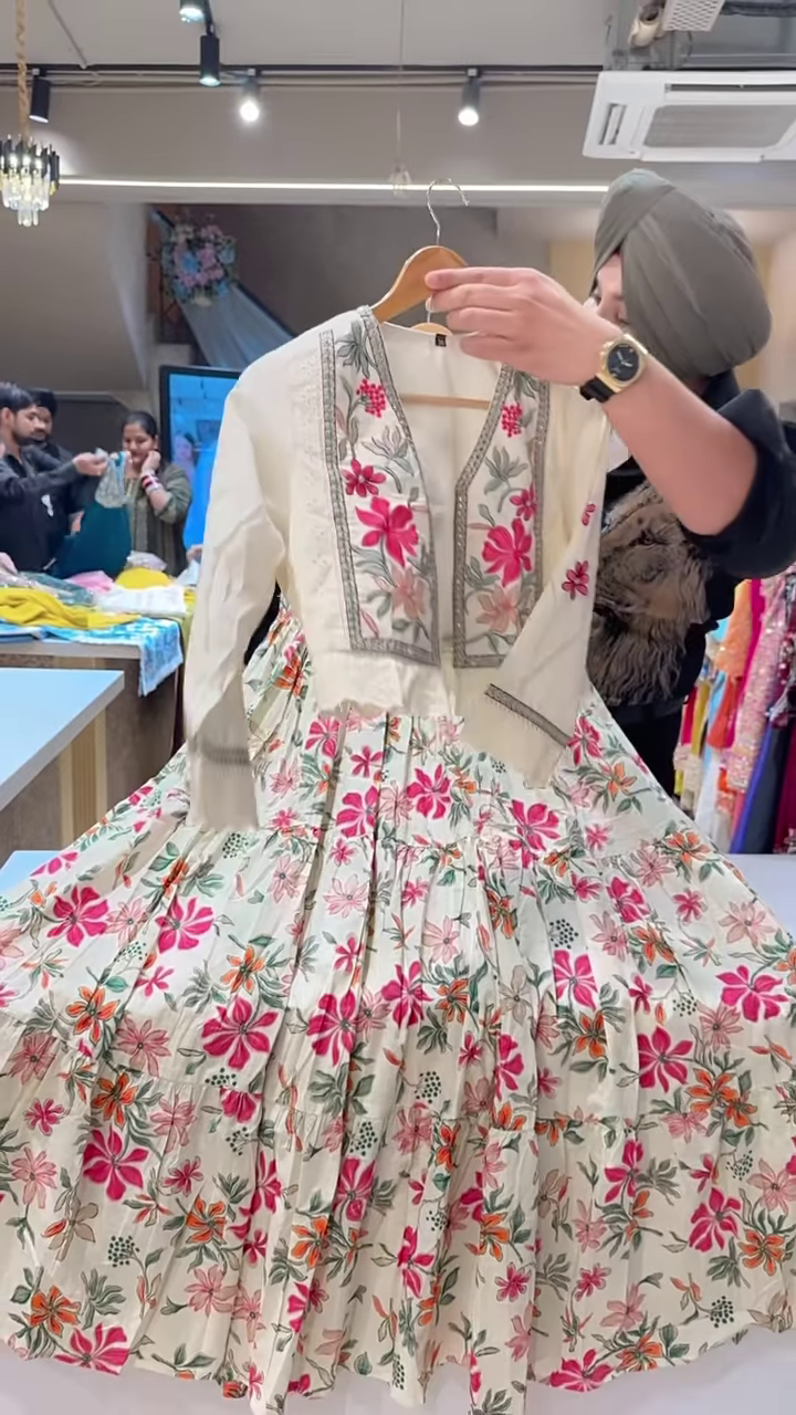 Women’s Cream Floral Embroidered Anarkali Dress with Fitted Bodice & Flared Hem – Vibrant Occasionwear for Ethnic Styling - Image 3