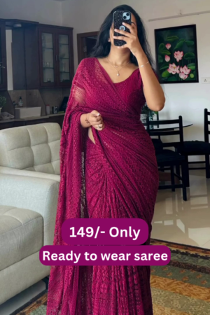 Women’s Maroon Lace Saree with Intricate Floral Border – Ready-to-Wear Ethnic Ensemble with Homestyle Presentation