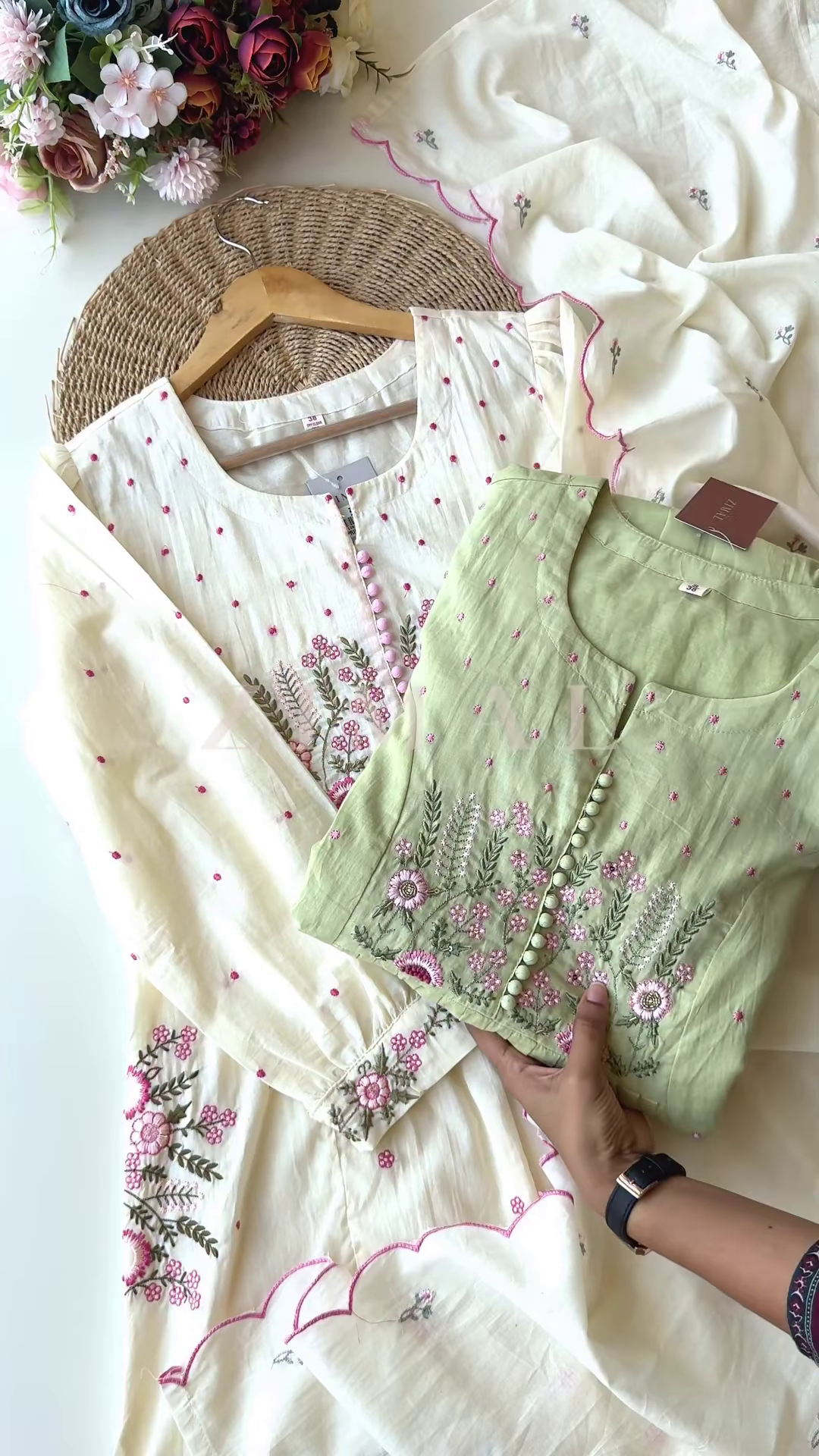 Women’s Light Green Floral Embroidered Long Kurti – Pastel Ethnicwear with White-Pink Motifs & Sleeve Detailing - Image 11