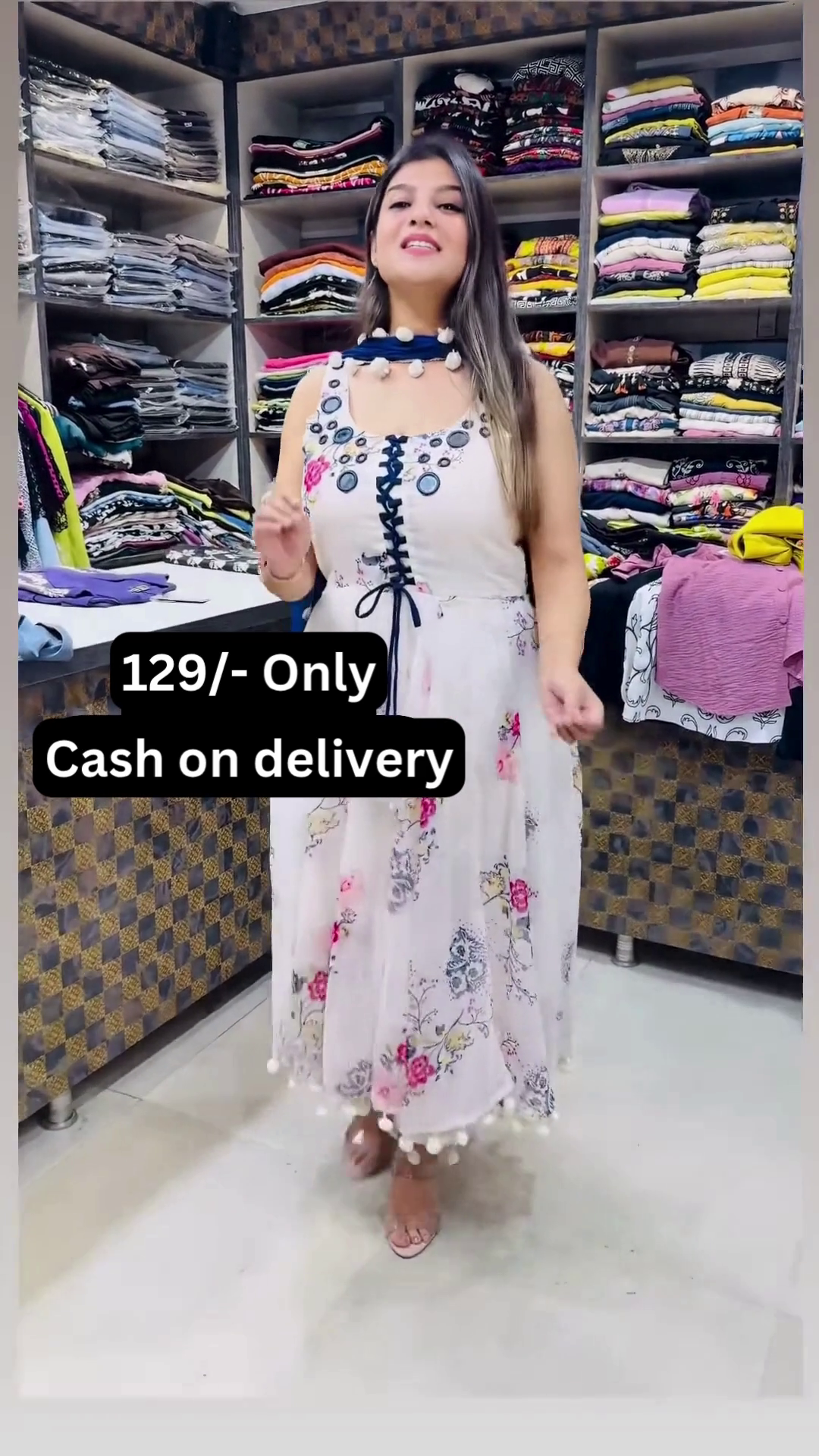 Women’s White Floral Printed Dress with Blue Sash & Pom-Pom Accents – Boutique Ethnicwear Styled with Beige Heels - Image 4