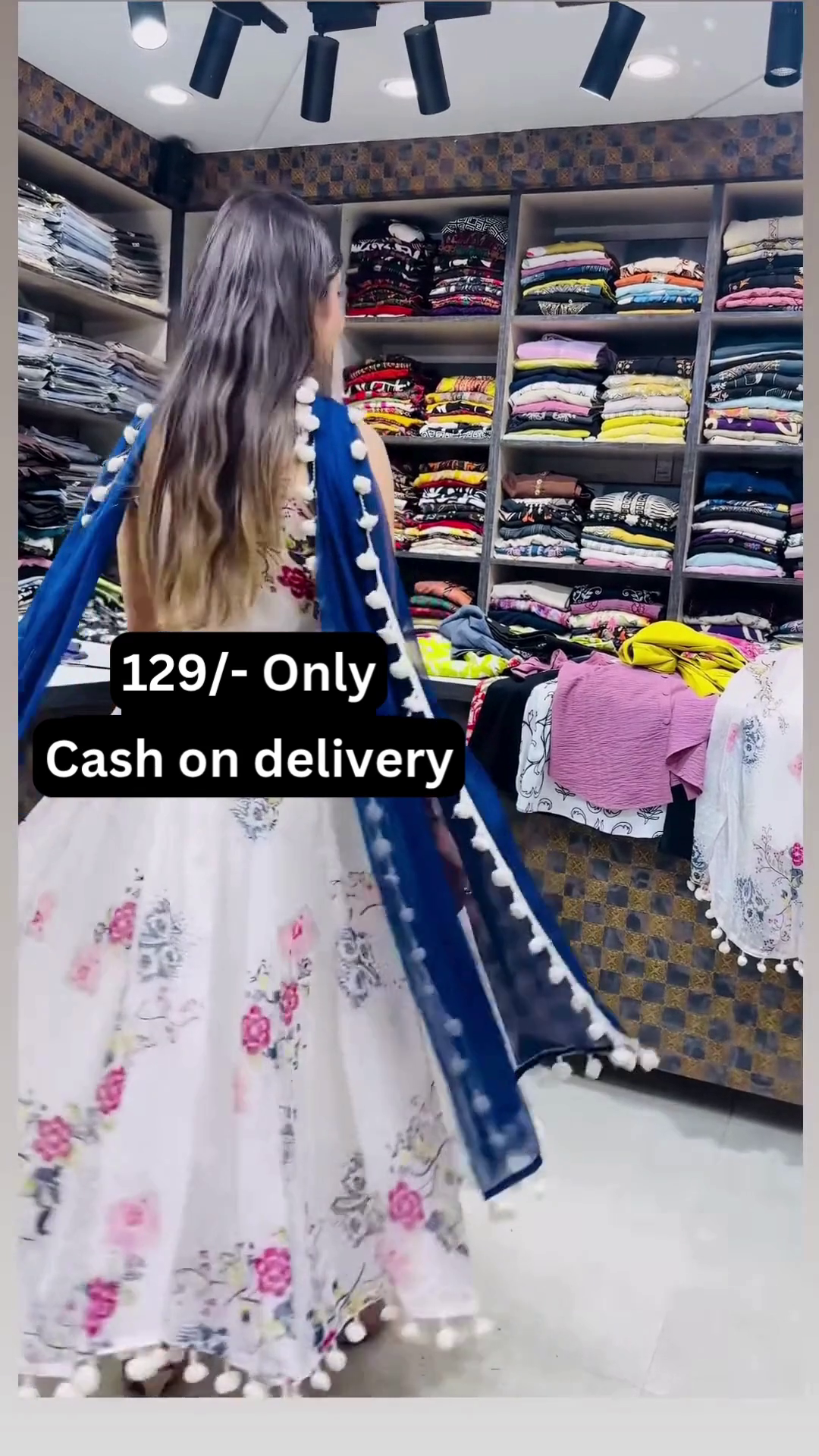 Women’s White Floral Printed Dress with Blue Sash & Pom-Pom Accents – Boutique Ethnicwear Styled with Beige Heels - Image 2