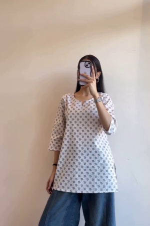 Ivory Motif Tunic & Wide-Leg Denim Set