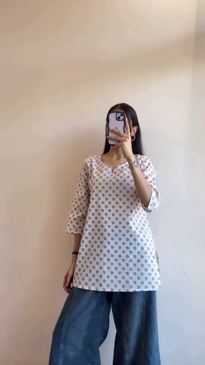 Ivory Motif Tunic & Wide-Leg Denim Set