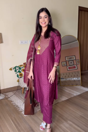 Wine Cotton Kurta Set with Dupatta