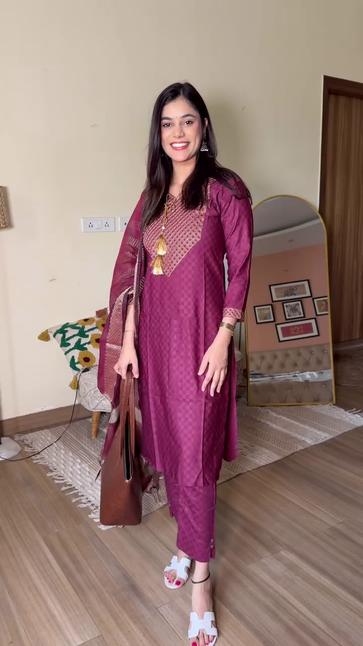 Wine Cotton Kurta Set with Dupatta