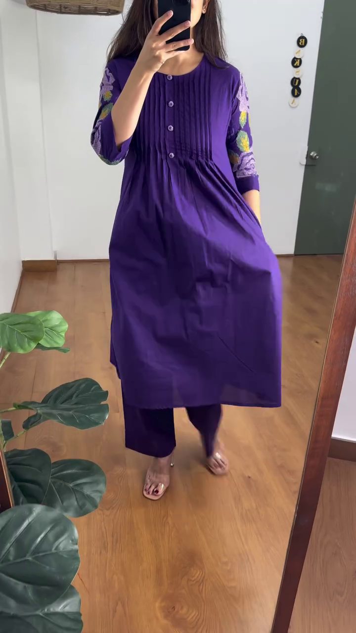 Purple Cotton Kurta Set with Embroidered Sleeves - Image 2