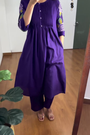Purple Cotton Kurta Set with Embroidered Sleeves