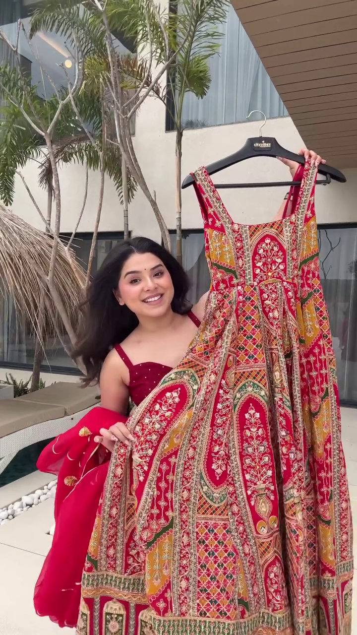 Red Multicolor Printed Anarkali Gown with Dupatta - Image 3