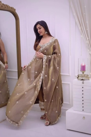 Golden Brown Embroidered Ethnic Suit with Dupatta