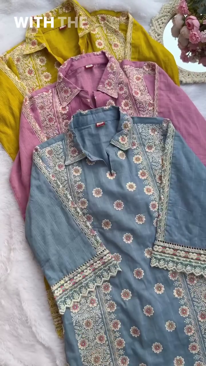 Floral Embroidered Kurta Collection – Mustard, Pink & Blue