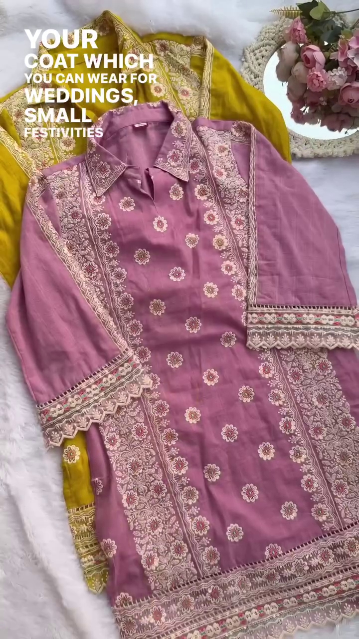 Floral Embroidered Kurta Collection – Mustard, Pink & Blue - Image 3