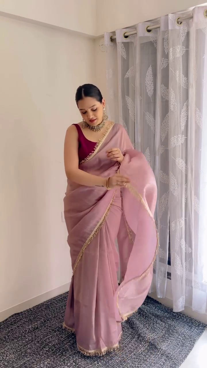 Blush Pink Organza Saree with Golden Lace Border - Image 3