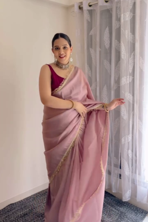 Blush Pink Organza Saree with Golden Lace Border