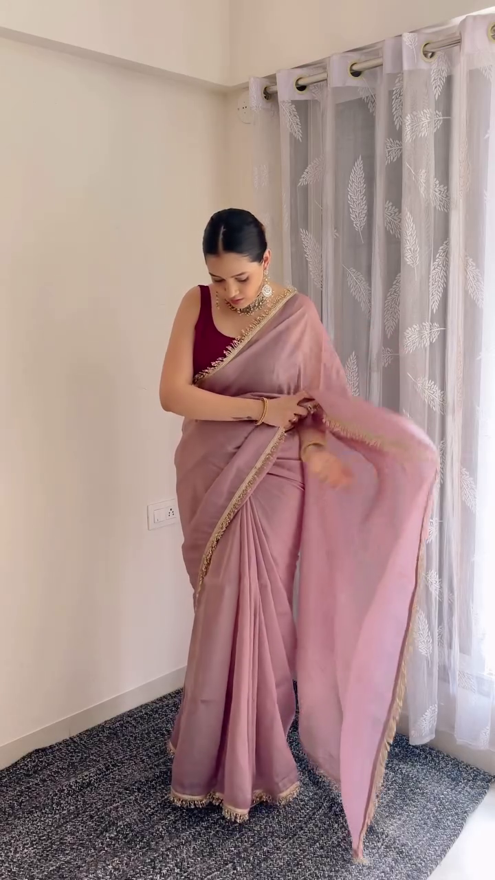 Blush Pink Organza Saree with Golden Lace Border - Image 2