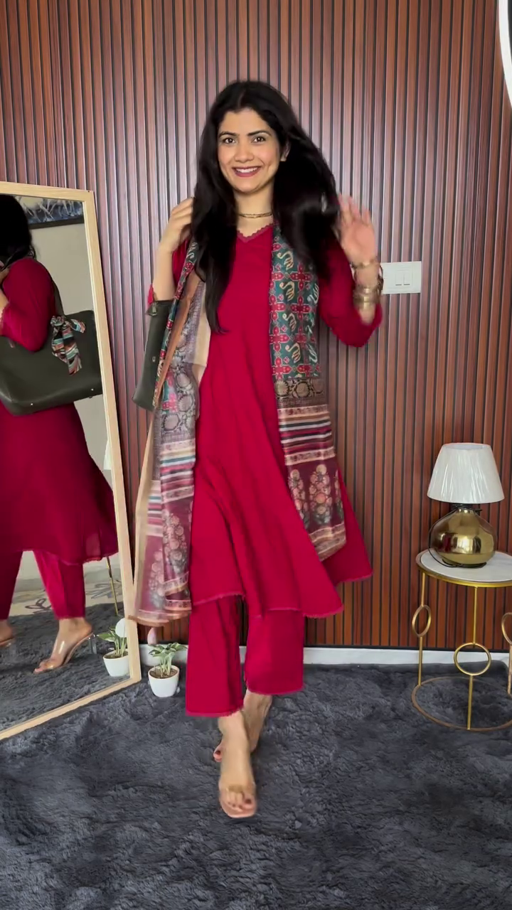 Crimson Red Kurta Set with Printed Ethnic Jacket