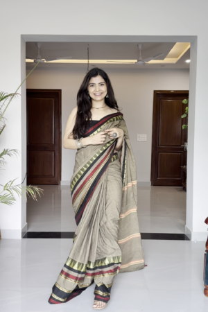 Earthy Beige Handloom Saree with Geometric Border