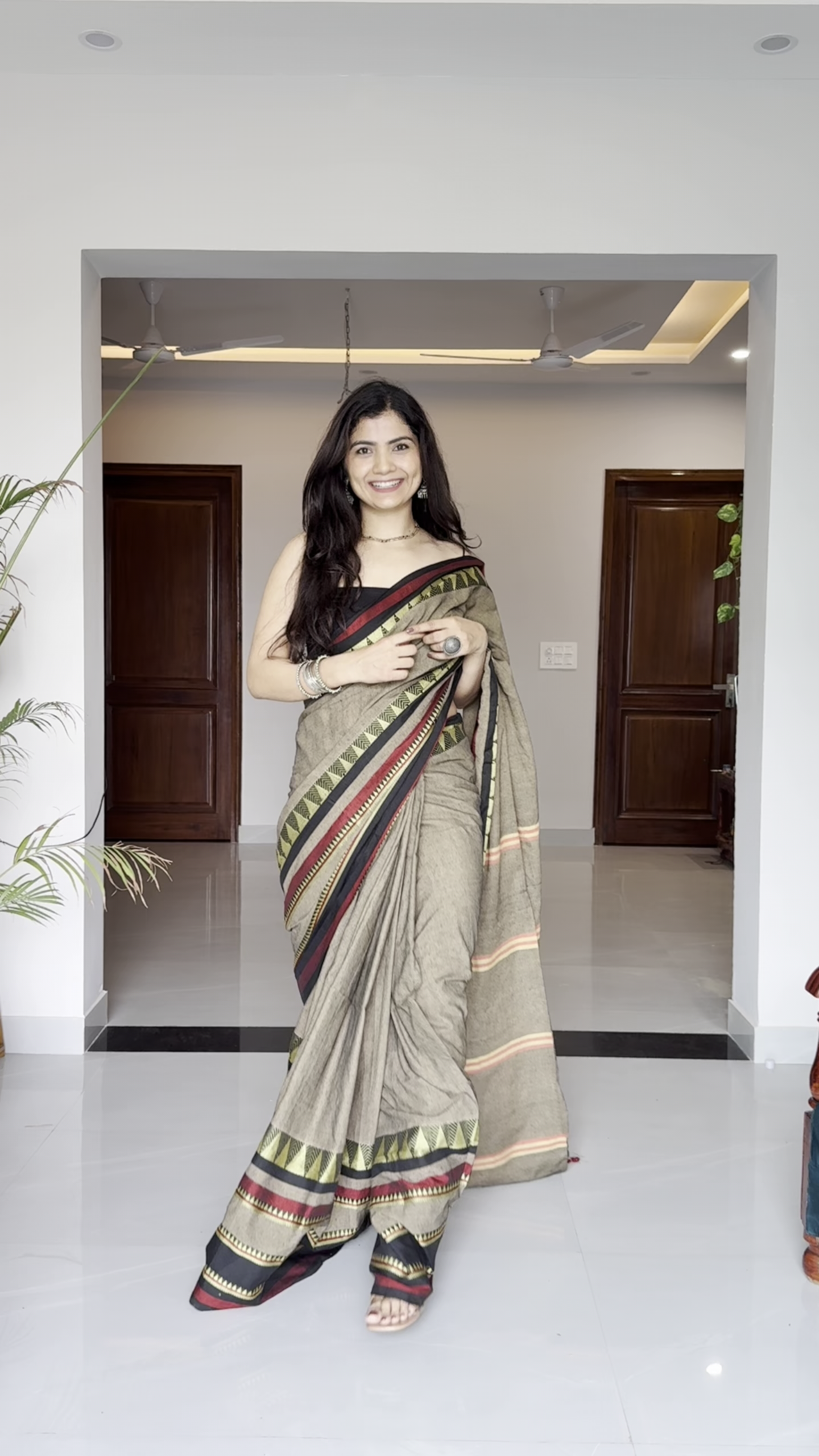 Earthy Beige Handloom Saree with Geometric Border