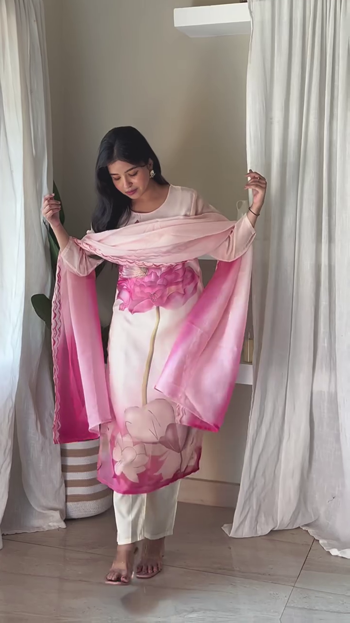 Blush Pink Floral Print Kurta Set with Dupatta