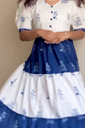 Blue & White Floral Printed Tiered Midi Dress