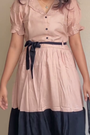 Peach & Black Contrast Belted Midi Dress