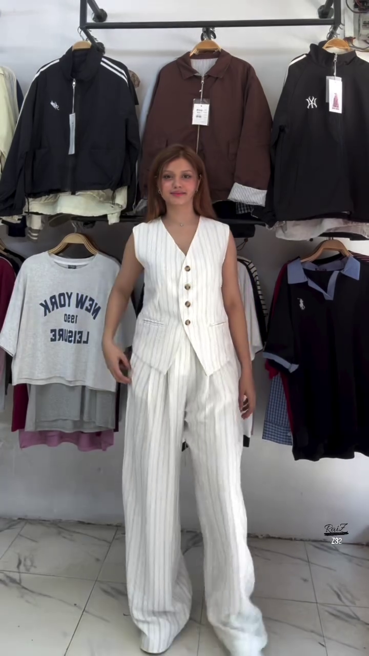 White Striped Co-ord Set with Sleeveless Vest & Wide-Leg Pants