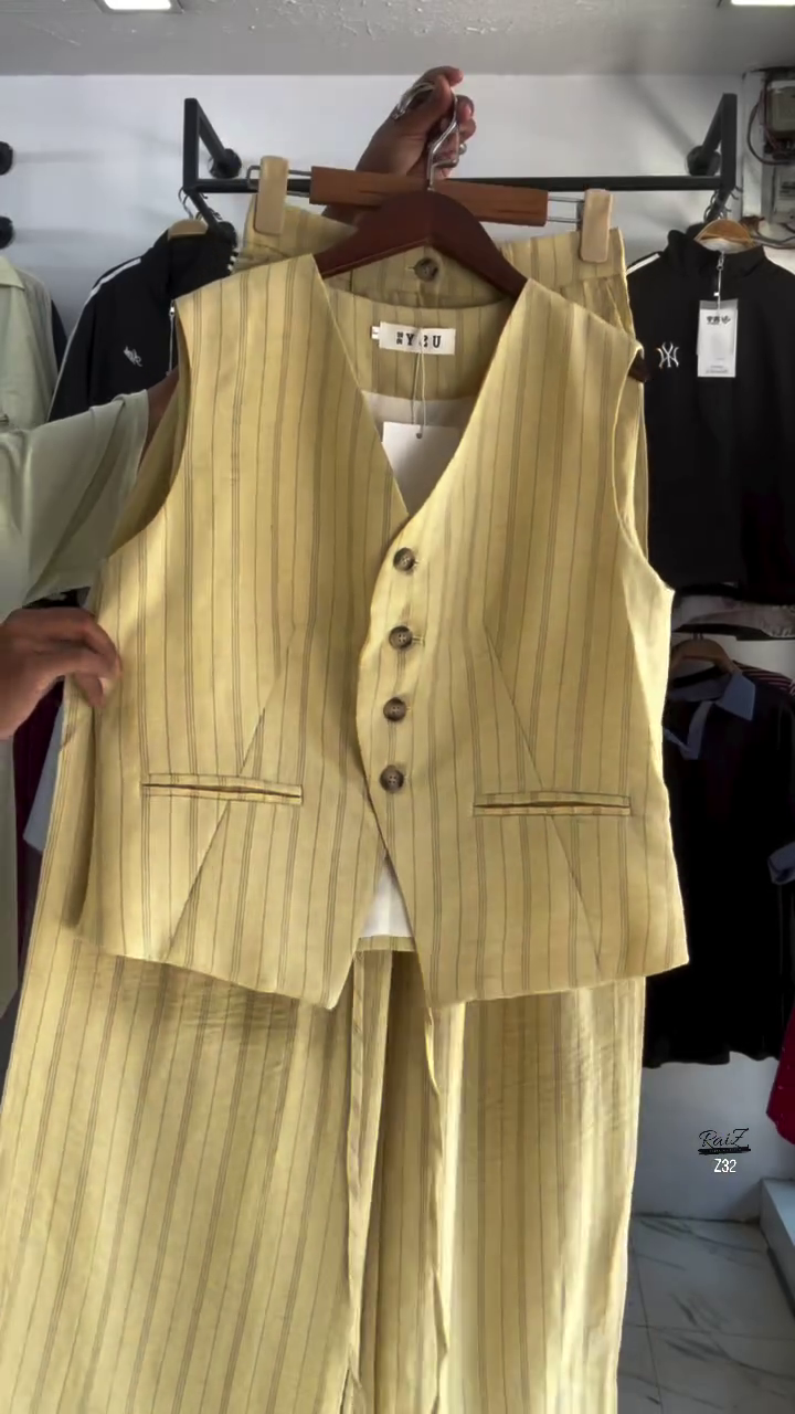 White Striped Co-ord Set with Sleeveless Vest & Wide-Leg Pants - Image 6