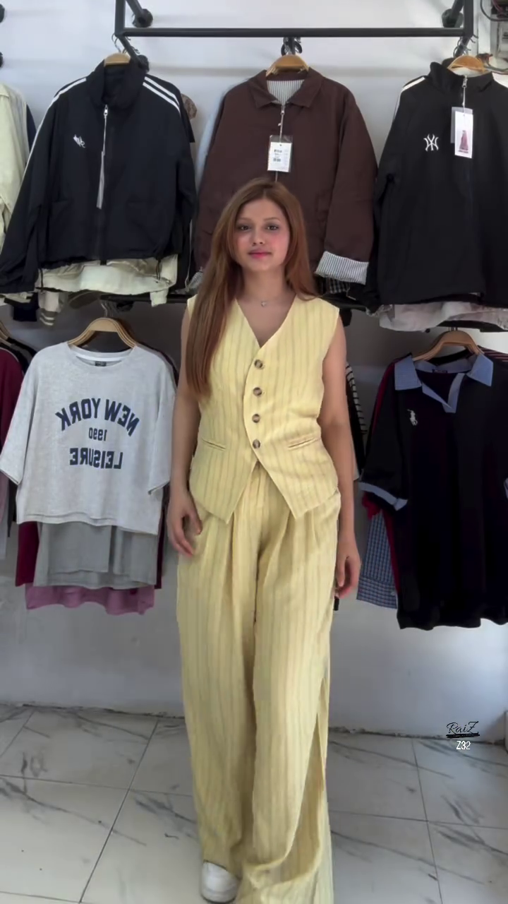 White Striped Co-ord Set with Sleeveless Vest & Wide-Leg Pants - Image 5