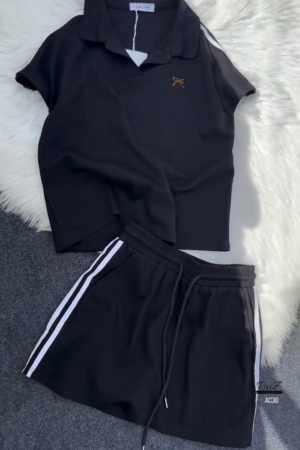 Women’s Black Polo Collar T-Shirt & Striped Shorts Co-ord Set