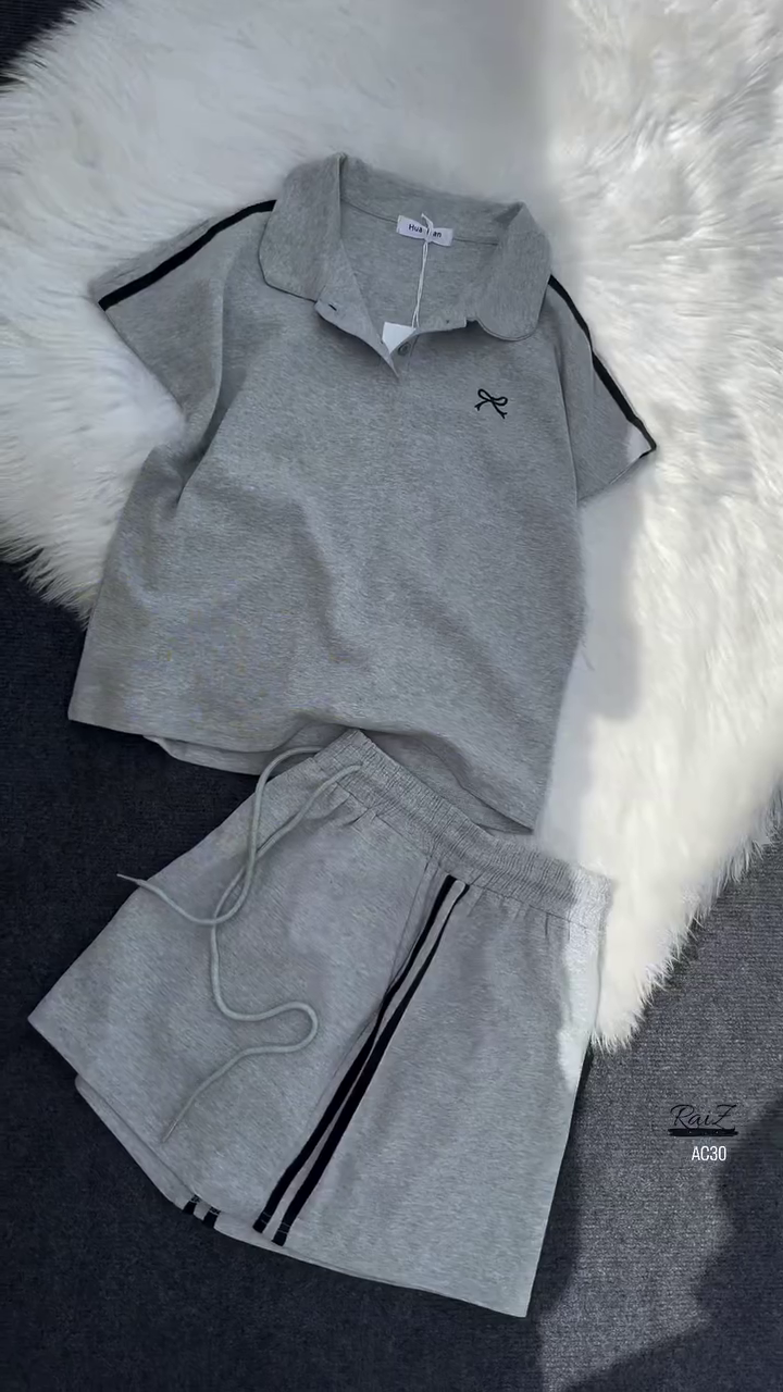 Women’s Black Polo Collar T-Shirt & Striped Shorts Co-ord Set - Image 3