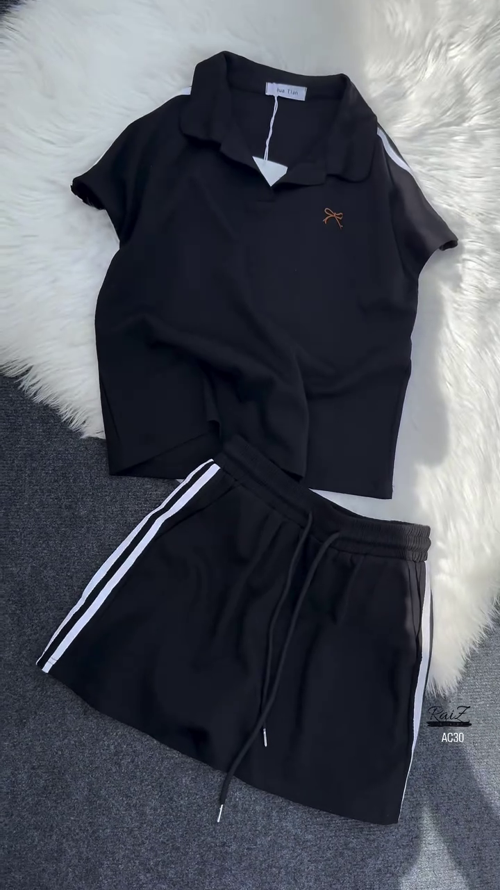 Women’s Black Polo Collar T-Shirt & Striped Shorts Co-ord Set - Image 4