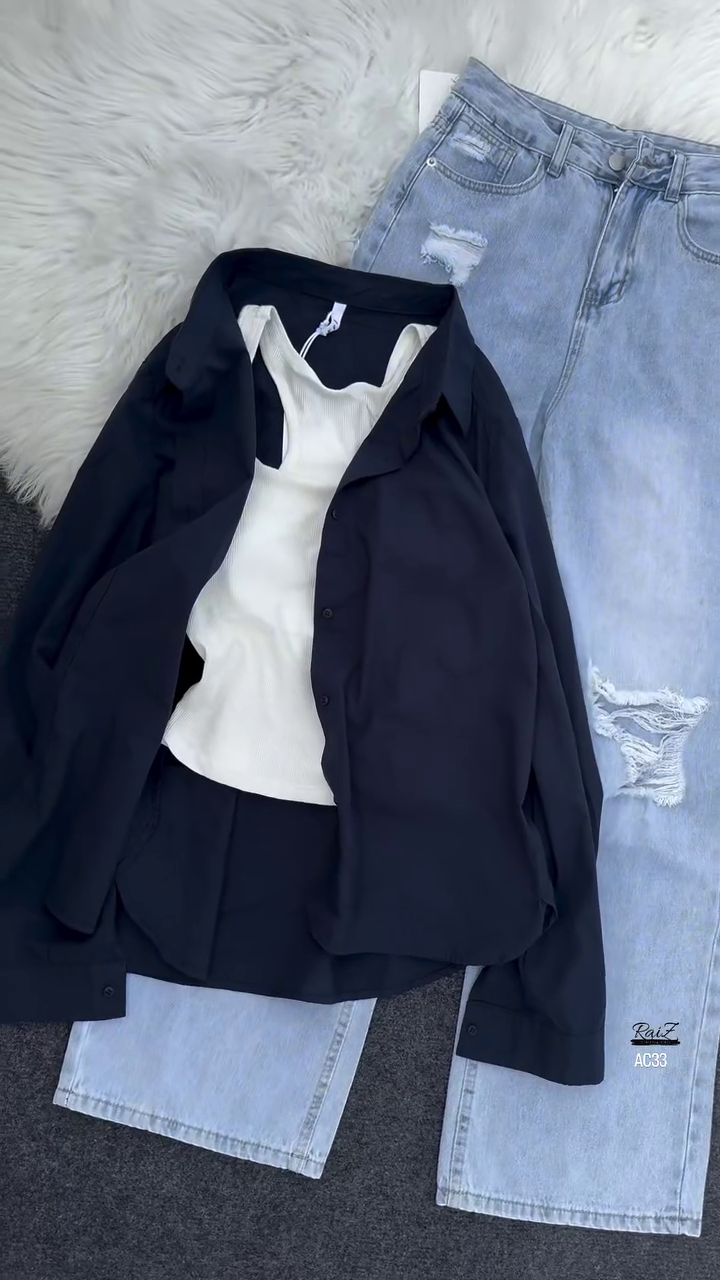 Women’s Casual Layered Outfit – White Tank, Black Button-Up Shirt & Distressed Light-Wash Jeans - Image 4