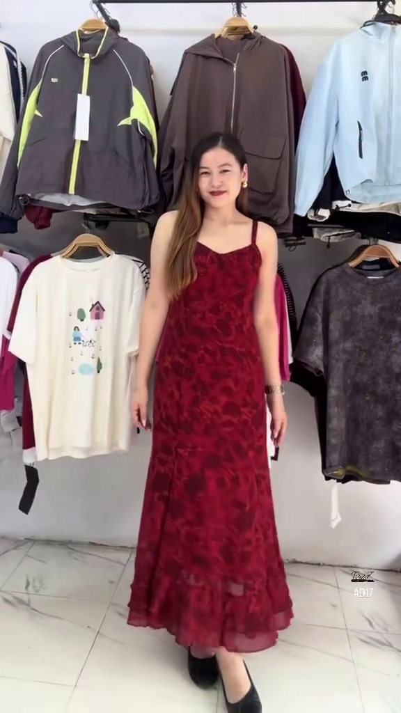 Women’s Sleeveless Floral Print Red Maxi Dress