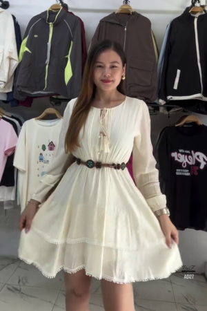 Women’s Cream Boho Long Sleeve Belted Mini Dress