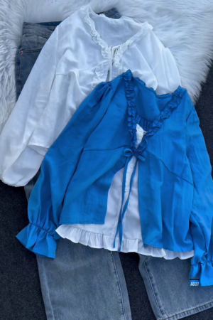 Women’s Ruffled V-Neck Button Blouse with Lace Accent