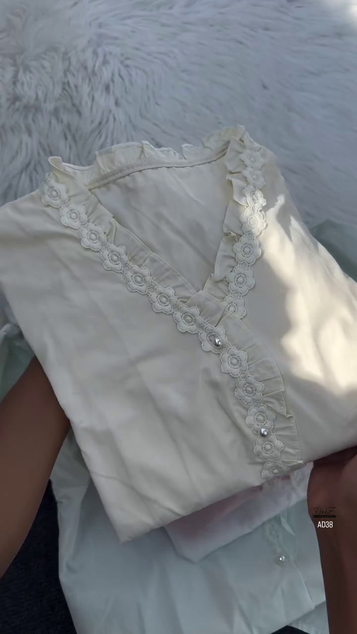 Women’s Lace-Trimmed V-Neck Blouse with Pearl Buttons