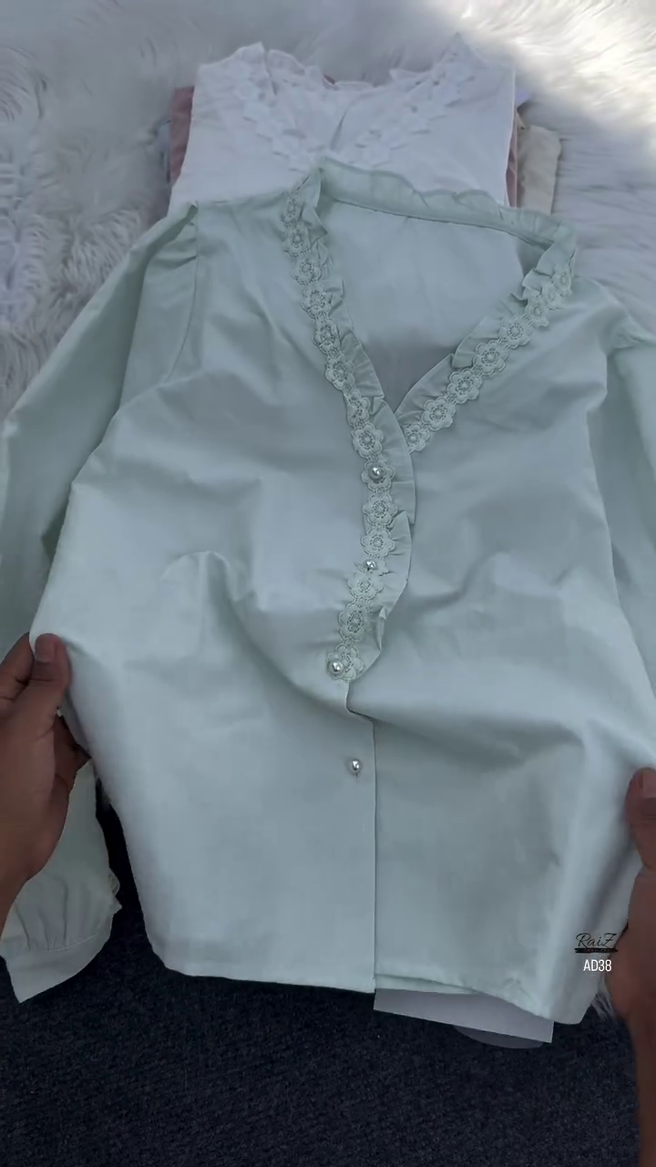 Women’s Lace-Trimmed V-Neck Blouse with Pearl Buttons - Image 6