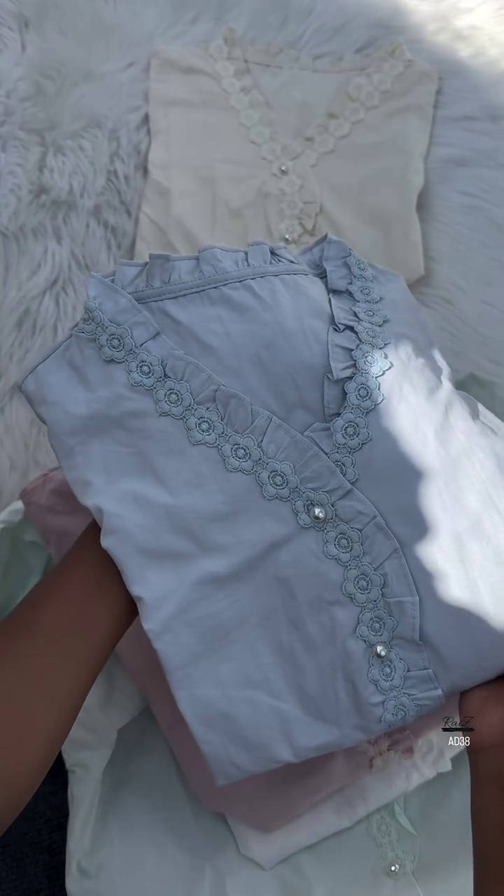 Women’s Lace-Trimmed V-Neck Blouse with Pearl Buttons - Image 3