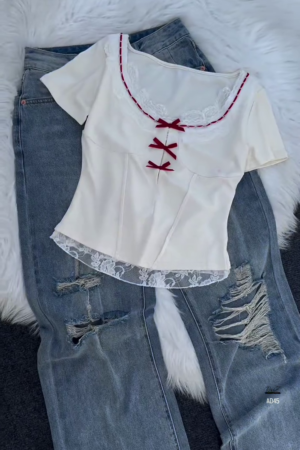 Women’s Pink Lace-Trim Blouse with Bow Detail