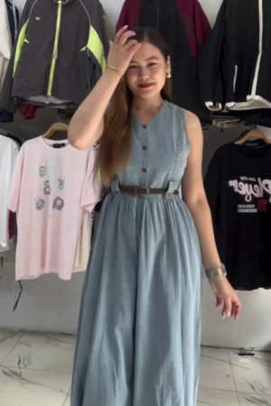 Sleeveless Denim Button-Down Midi Dress with Belt