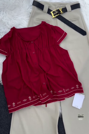 Black Embroidered Blouse & Beige Trouser Set with Belt