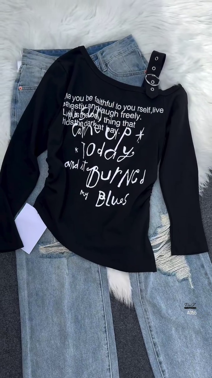 White Graphic Long-Sleeve Top & Washed Blue Denim Jeans Set