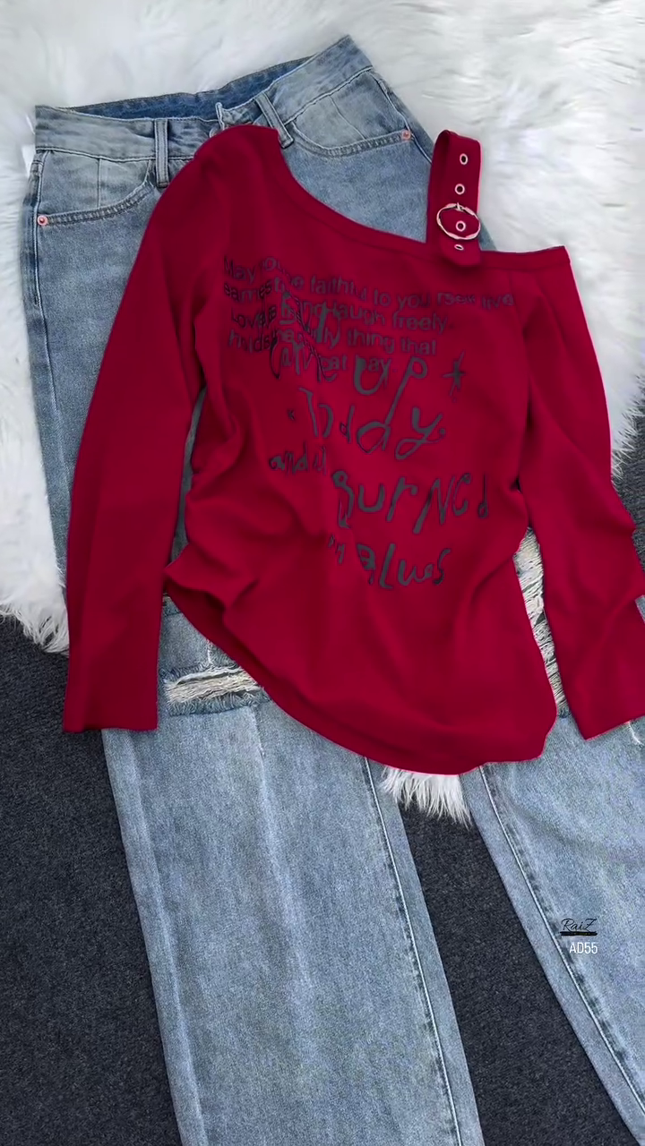 White Graphic Long-Sleeve Top & Washed Blue Denim Jeans Set - Image 5