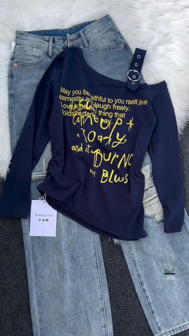 White Graphic Long-Sleeve Top & Washed Blue Denim Jeans Set - Image 4